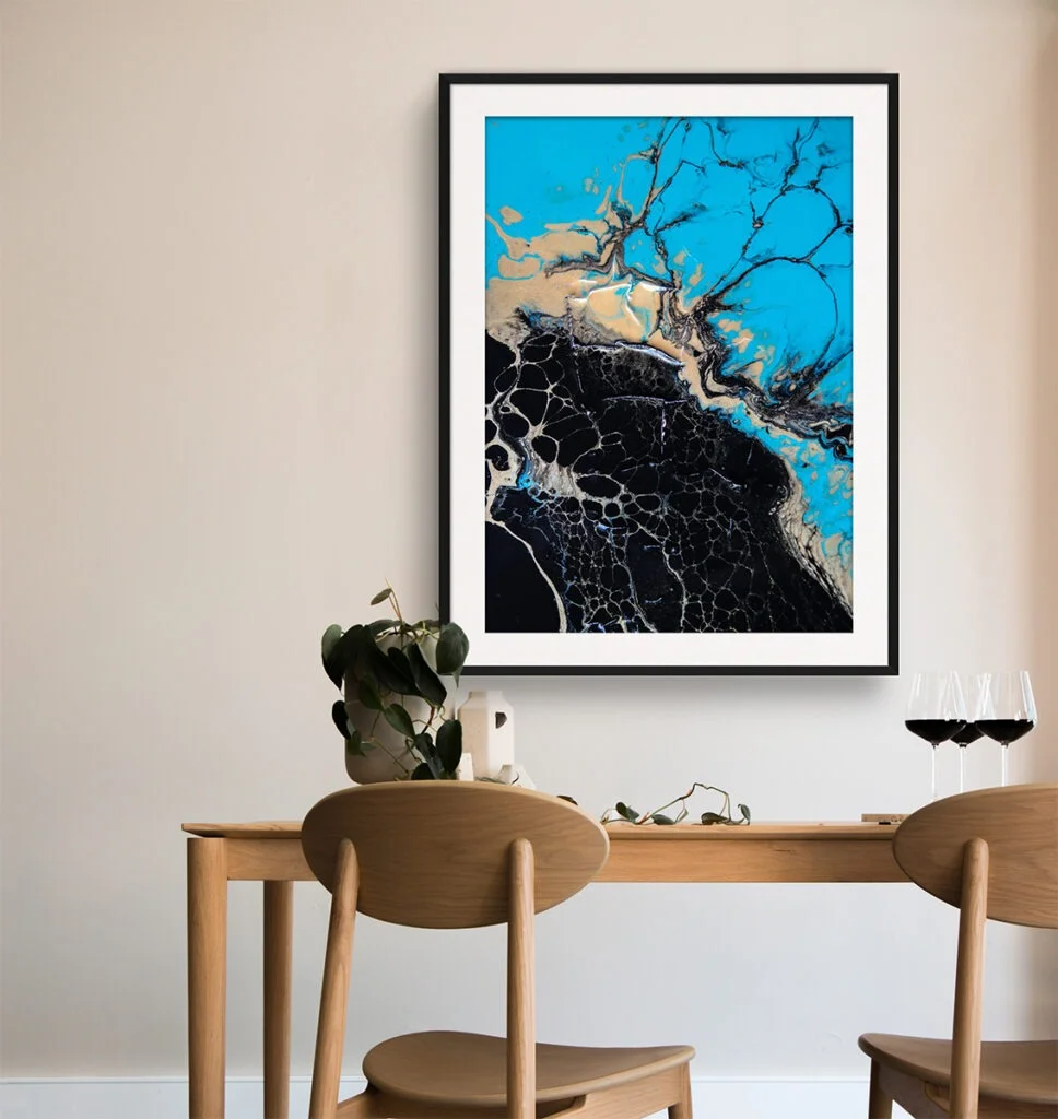 Abstract Canvas Print Art with Black Frame next to dining table_1
