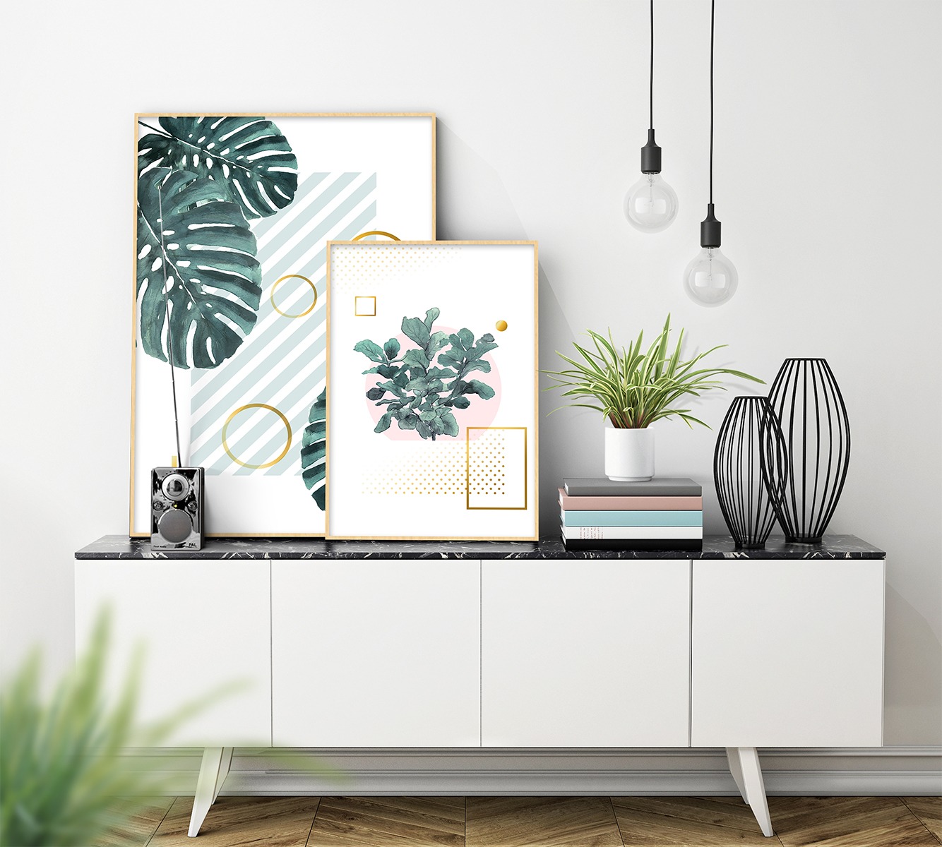 Scandinavian watercolour painting canvas print with oak colour frame display on top on a sideboard